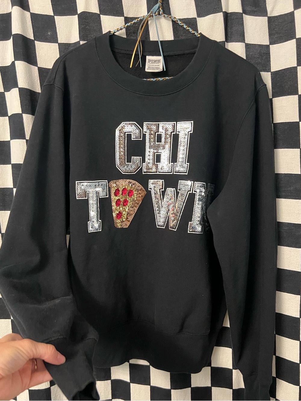 PINK Victoria Secret Chicago CHI TOWN Pizza Black Crewneck Sweatshirt